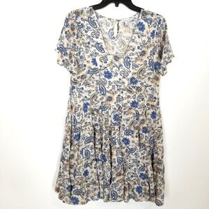 Patrons of Peace Babydoll Dress Womens M Beige Blue Paisley Floral Summer Beach